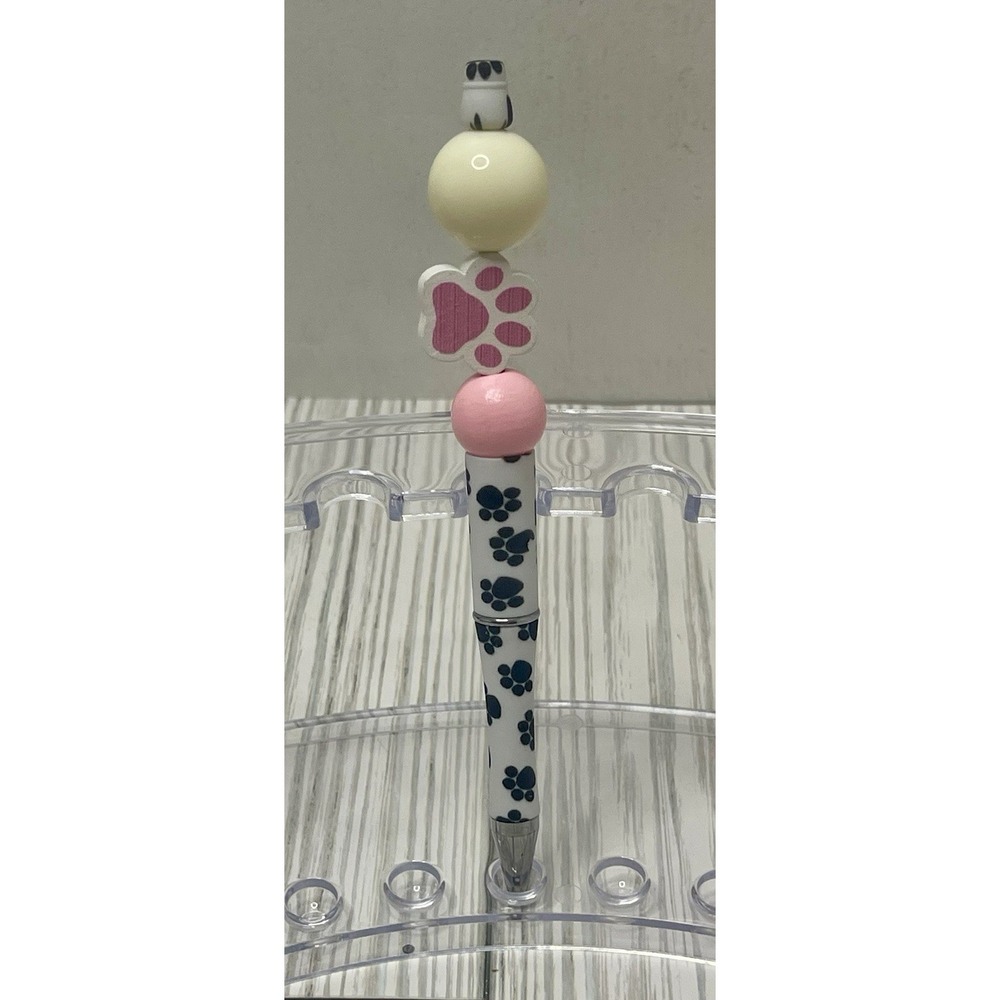 Beautiful Pink, Black And White Paw Print Beaded Pen Black Ink